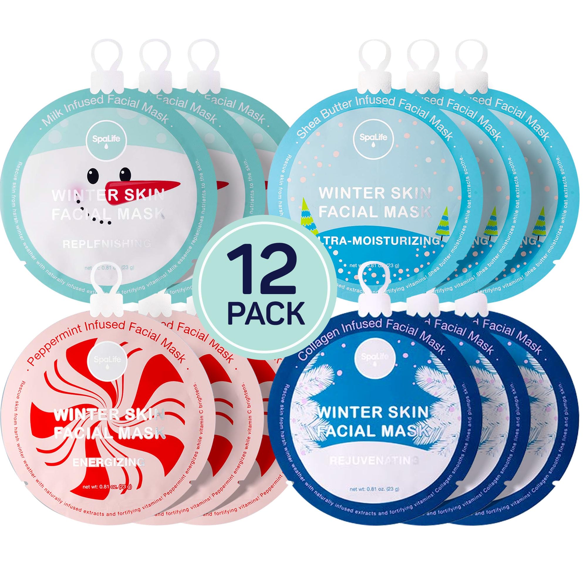 SpaLife Beauty Holiday Treats Christmas Face Mask Bundle | Korean Facial Mask | Hydrating, Soothing and Moisturizing Sheet Mask Set | Stocking Stuffers for Women | Bulk Christmas Gifts | 12 Pack